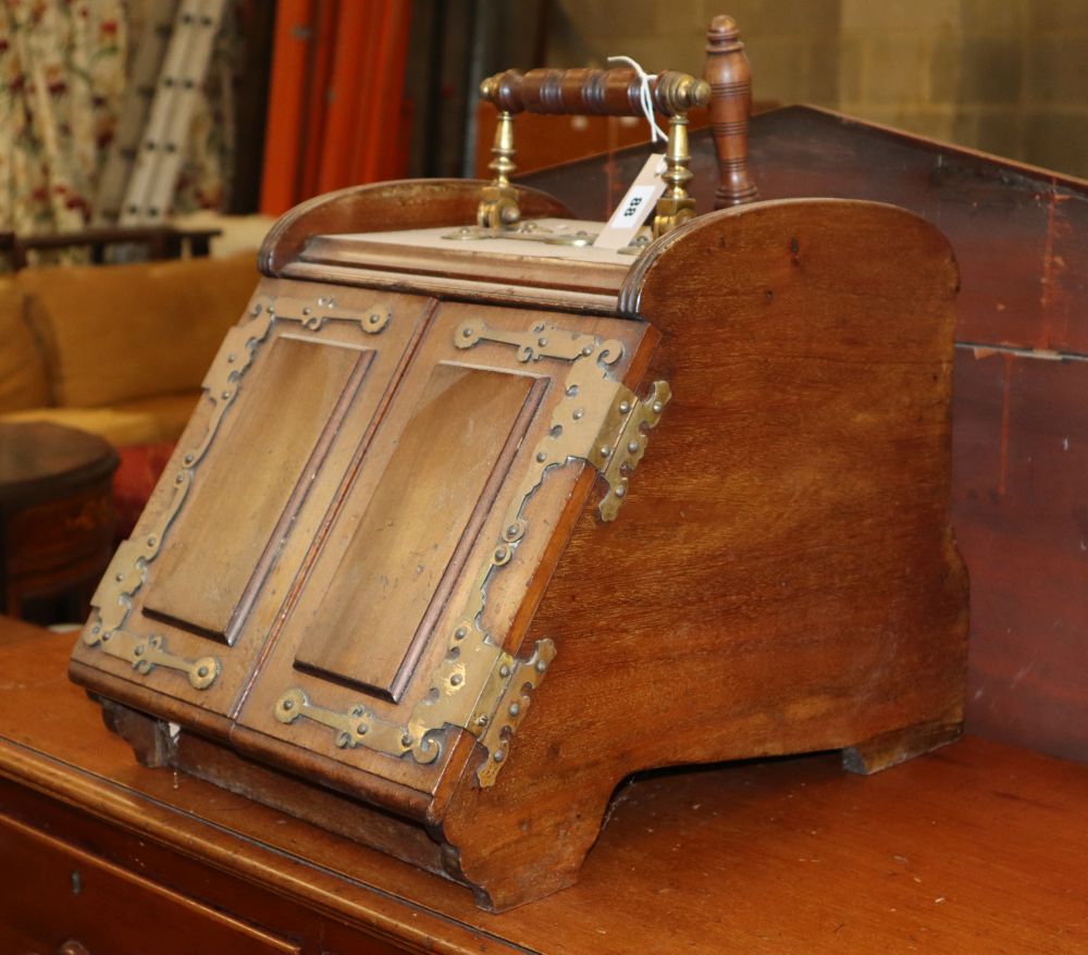 A Victorian brass mounted mahogany coal scuttle with scoop, W.34cm, D.46cm, H.40cm